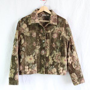 Chico’s green floral tapestry print jean jacket